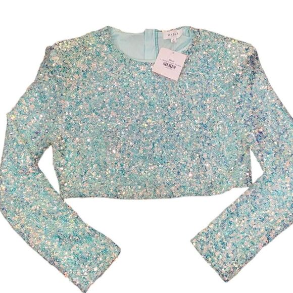 Mable Tops - Mable shoulder padded sequin crop top in Mint